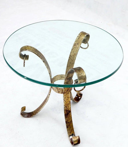 Round Glass Top Gold Gilt Tripod Wrought Iron Base Side End Table
