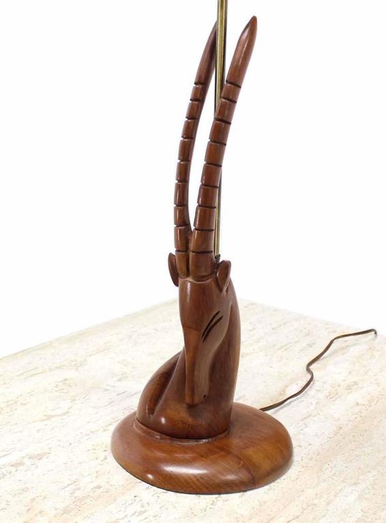 Pair of Sculptural Carved Wood Gazelle Motive Walnut Table Lamps