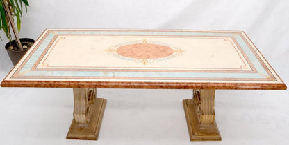 Enamel Decorated Marble Top Dining Table on Carved Gold Lyre Shape Pedestals