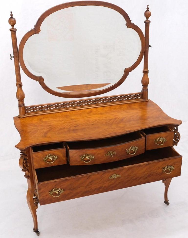 Antique Carved 4 Drawers Dresser w/ Large Beveled Swivel Clove Shape Mirror