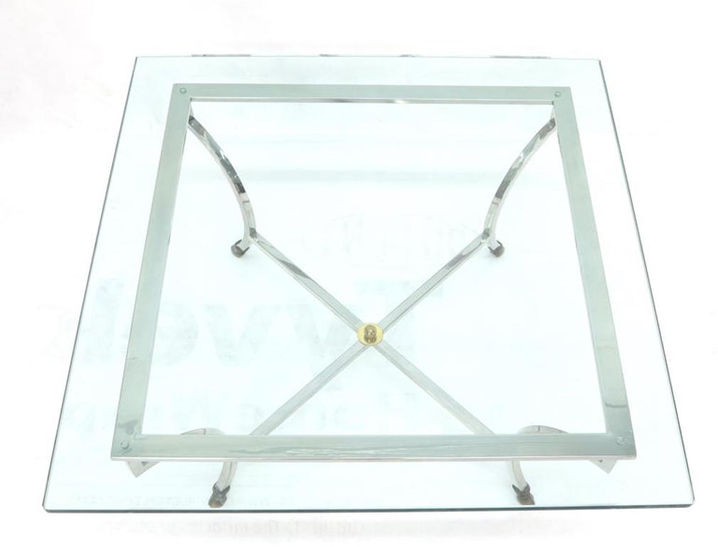 Square Chrome and Brass Hoof Feet Base Thick Glass Top Coffee Table