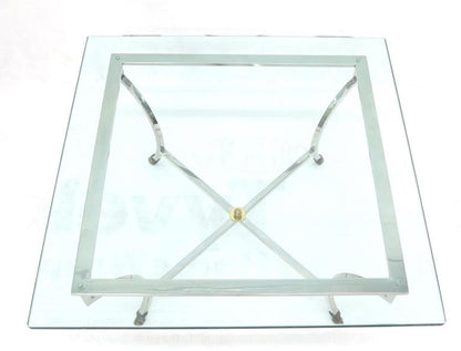 Square Chrome and Brass Hoof Feet Base Thick Glass Top Coffee Table