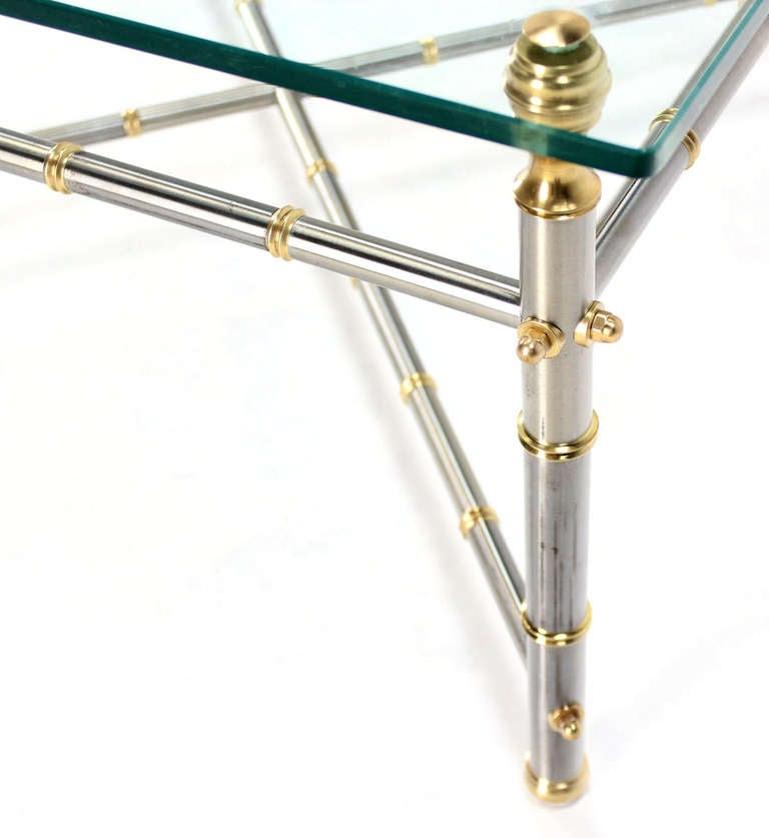 Metal Faux Bamboo, Chrome and Brass Base, Glass-Top Square Coffee Table