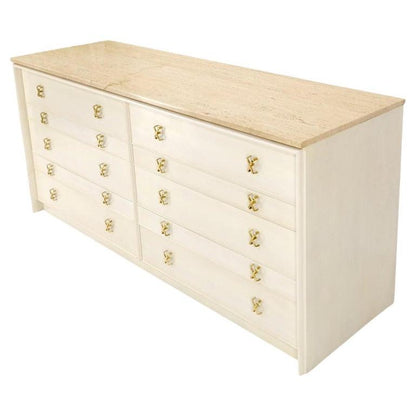 Paul Frankl for Johnson White Wash Marble Top 10 Drawers Dresser Brass x Pulls