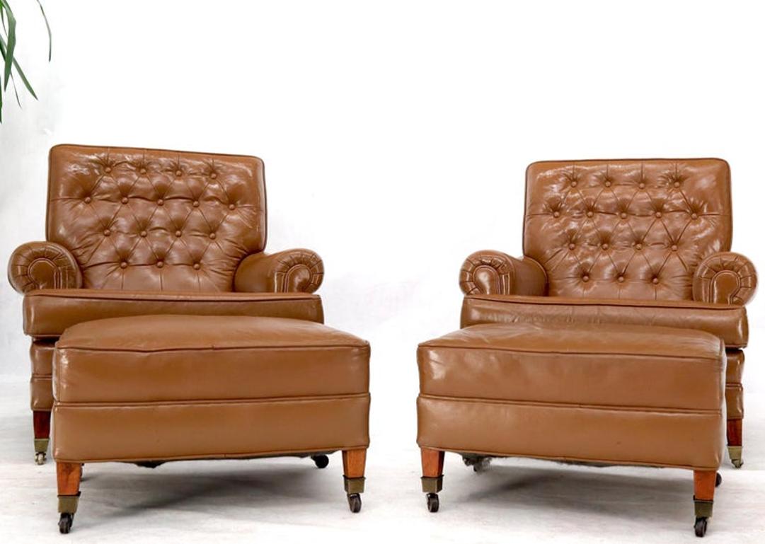 Pair of Chesterfield Style Leather Chairs W/ Ottomans Brown to Tan