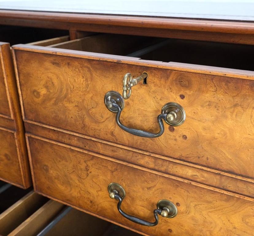 4 Drawers Embossed Leather Top Burl Wood File Cabinet Credenza w/ Key MINT