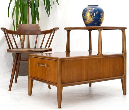 Henredon Solid Walnut Sculptural Two Tier One Drawer Step Side Table