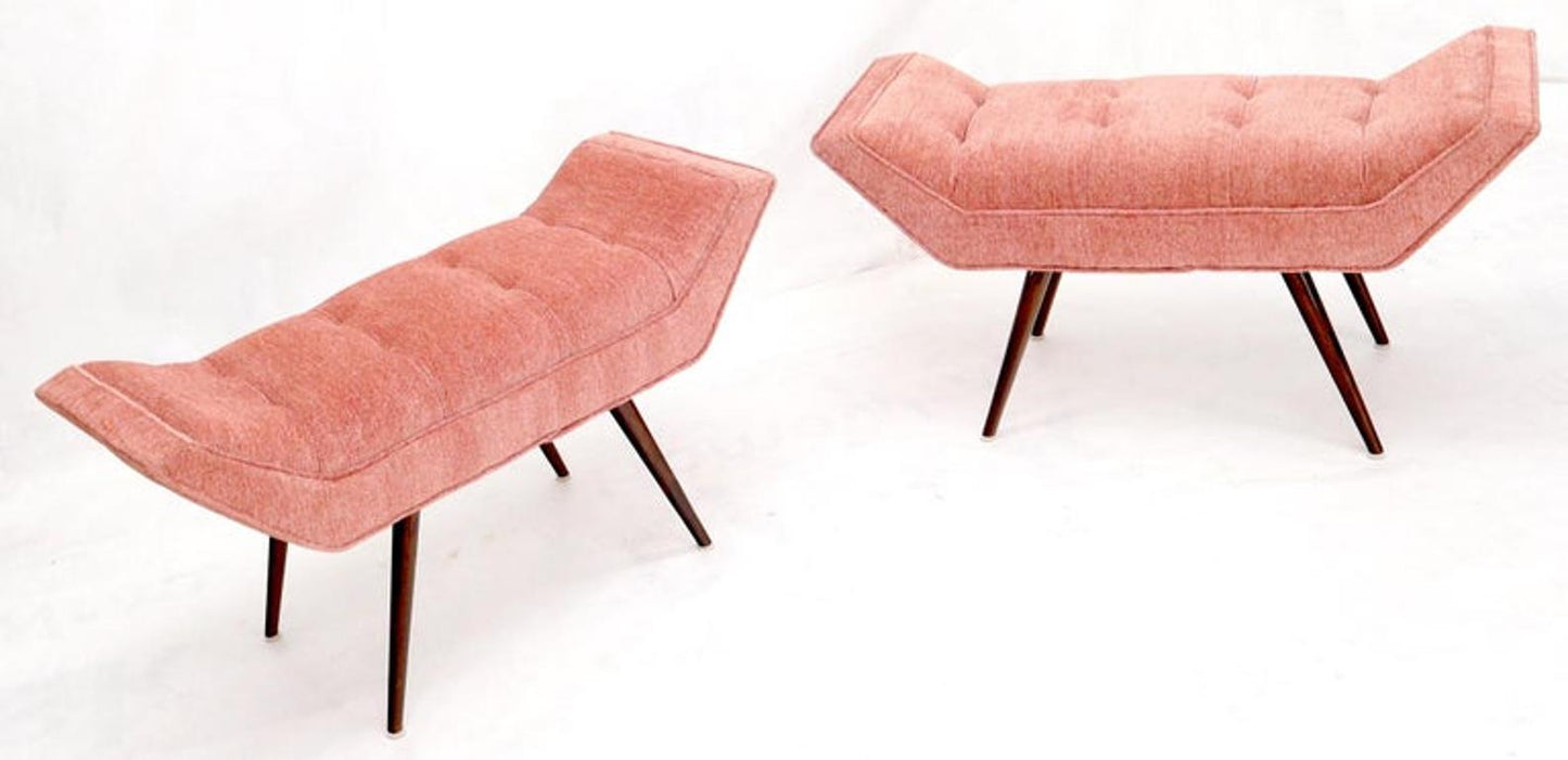 Pair of Mid-Century Modern Pink Velvet Upholstery Dowel Legs Benches