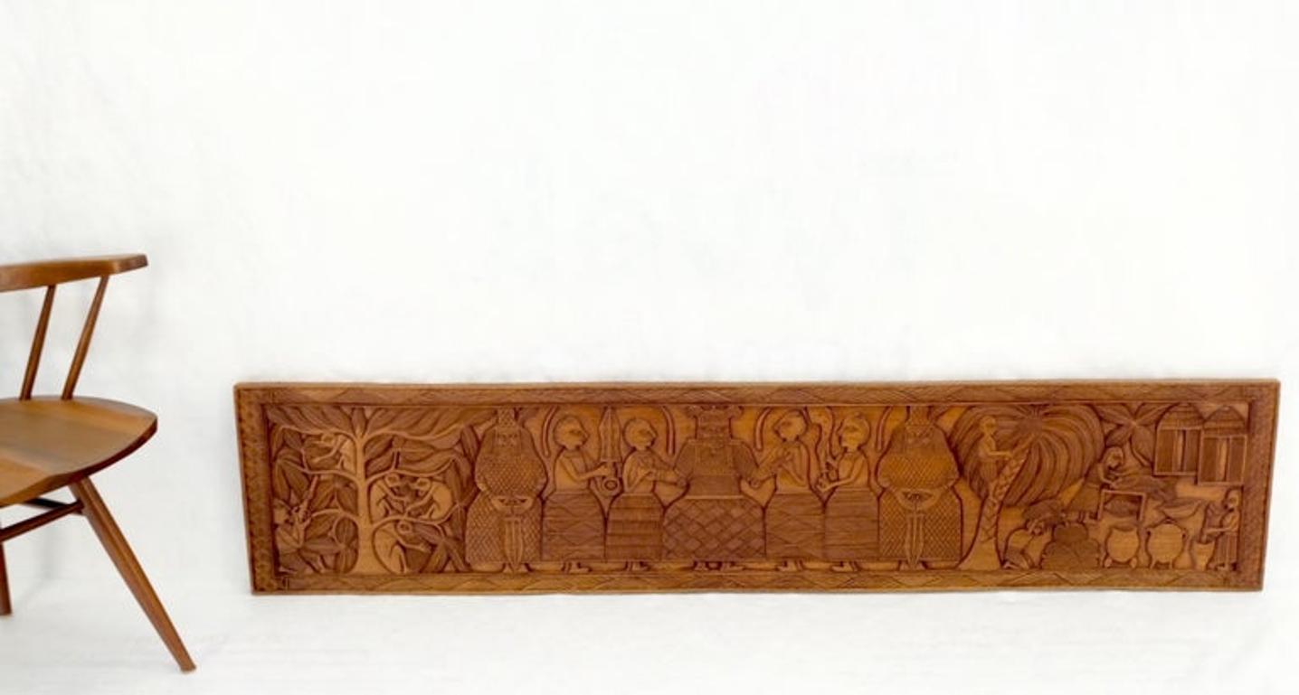 Carved Solid Teak Long Rectangle Wall Plaque Relief Sculpture Depicting Villager