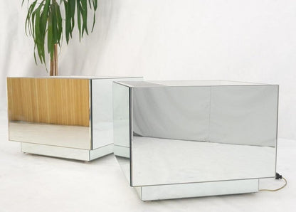 Pair of Very Fine Mirrored Box Planters Lights Stainless Steel Cases