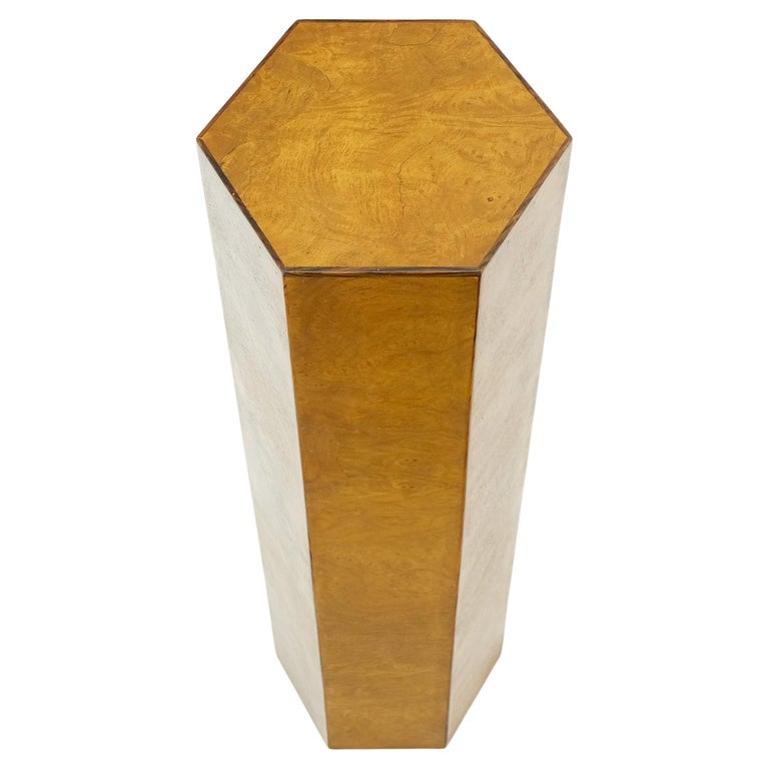 Italian 1970s Hexagon Shape 40" Tall Burl & Rosewood Pedestal Stand End Table