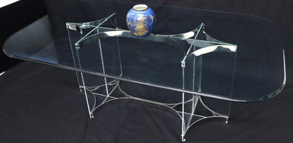 Large Glass Top Lucite & Stainless Base Rectangle Dining Table w/ Rounded Corner