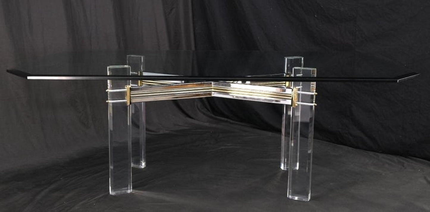 Chrome Brass & Lucite X Shape Base Beveled Glass Top Rectangle Dining Table Mint