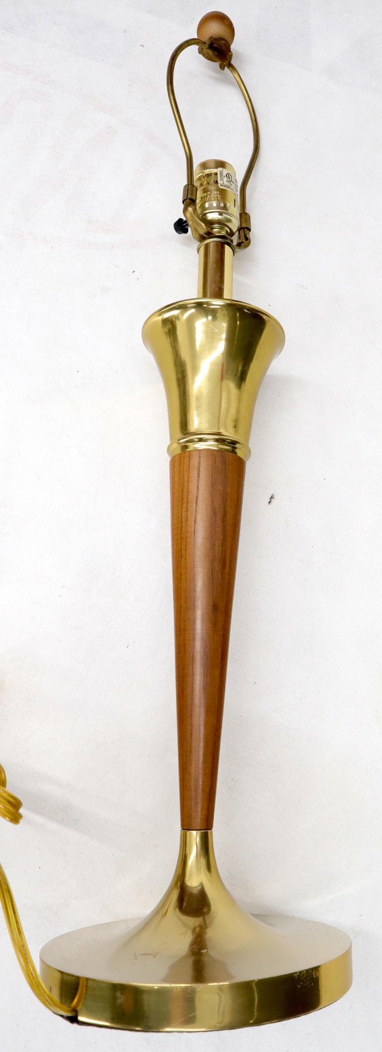 Pair of Walnut and Brass Mid-Century Modern Table Lamps