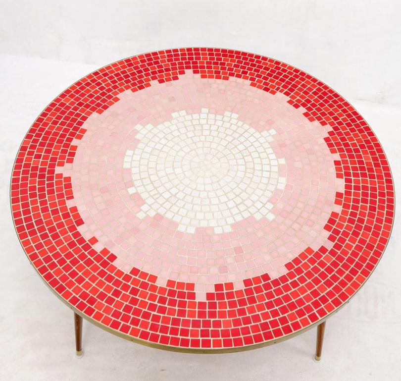 Sunburst Red Tile Mosaic Round Mid-Century Modern Coffee Table