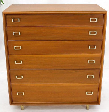 Restored Six Drawers Paul Frankl American Walnut Solid Brass Buckle Shaped Pulls