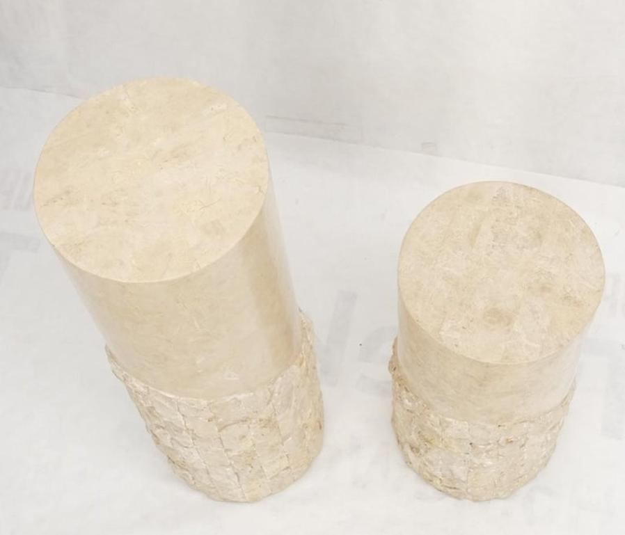 Non Matching Pair of Tessellated & Carved Stone Round Drum Pedestals
