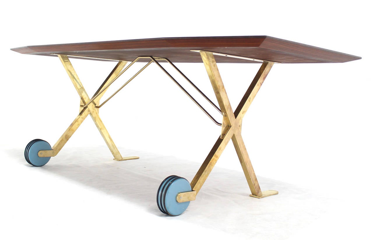Brass X Base on Wheels Dining Serving Boat Shape Table