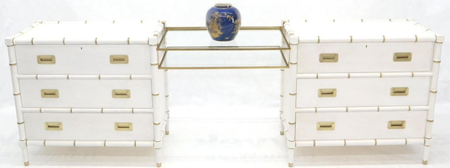 Pair of White Lacquer Brass Hardware Bachelor Chest with Suspended Brass Vanity