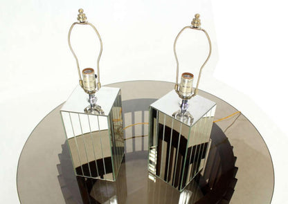 EstablishedLines Pair of Square Sky Scraper Shape Mid-Century Modern Mirrored Table Lamps MINT!
