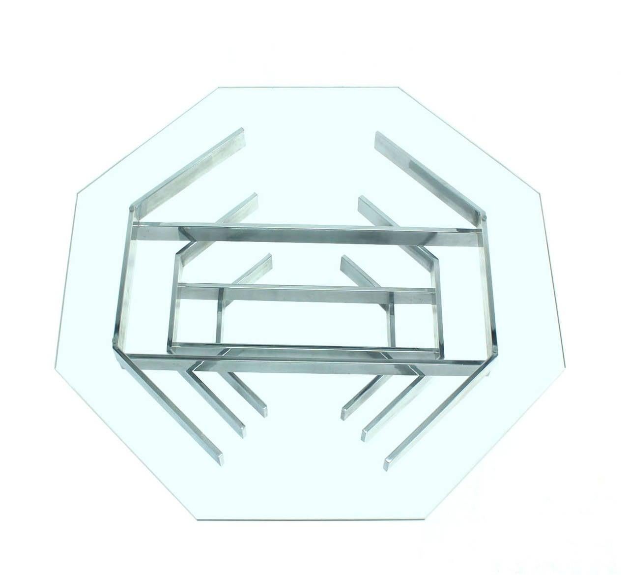 EstablishedLines Mid Century Modern Heavy "Stacked" Chrome Base Octagonal Glass Top Coffee Table