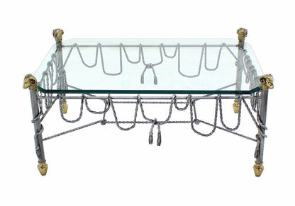 Ornate Wrought Iron Brass Ram Head Motive Glass Top Rectangle Coffee Table Mint