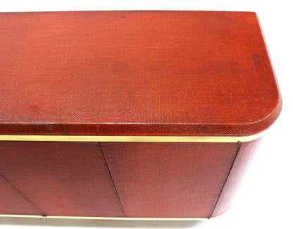 Grass Cloth Brass Credenza 4 Doors Cabinet Sideboard Red Brick Color MINT!