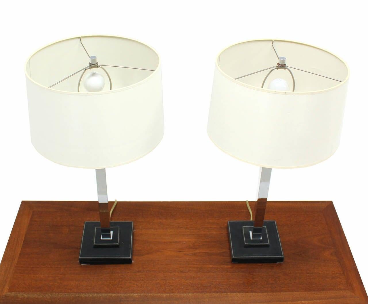 EstablishedLines Pair of Chrome Stitched Square Leather Bases  Modern Table Lamps by Nessen MINT