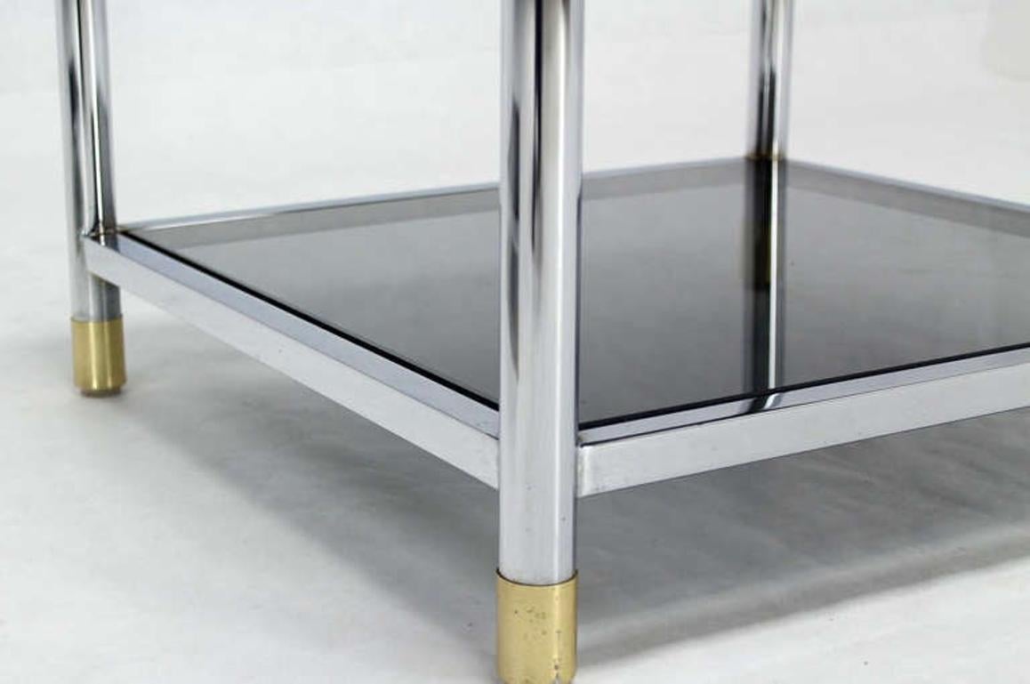 EstablishedLines Pair Square Chrome & Brass Smoked Glass Shelf Mirrored Top End Side Tables MINT!