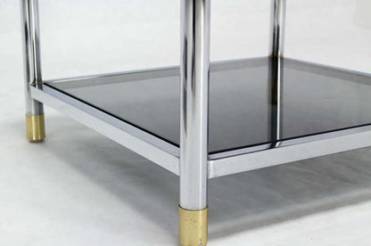 EstablishedLines Pair Square Chrome & Brass Smoked Glass Shelf Mirrored Top End Side Tables MINT!
