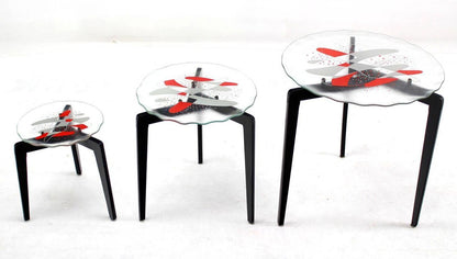 EstablishedLines Art Glass Scallop Edge Bowl Tray Top Tapered Leg Stackable Nesting Side Table