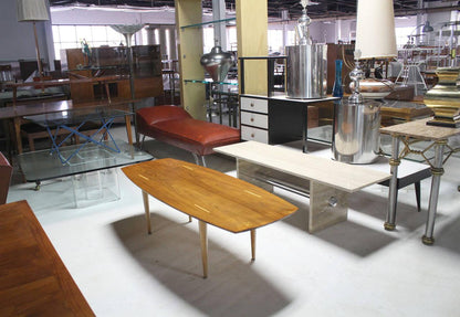 EstablishedLines Boat Shape Light Walnut Tapered Birch Exposed Leg Tenon Coffee Table Mid Century