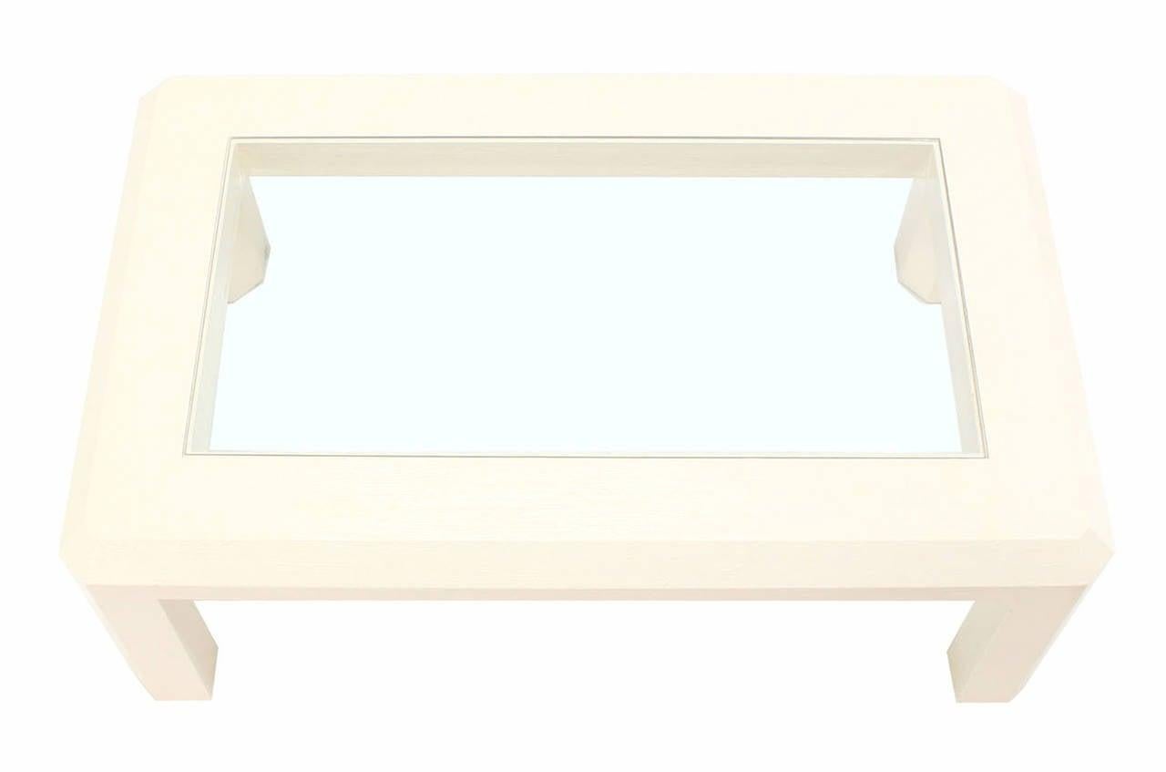 EstablishedLines Beige Lacquered Textured Grass Cloth Rafia Rectangular Glass Top Coffee Table