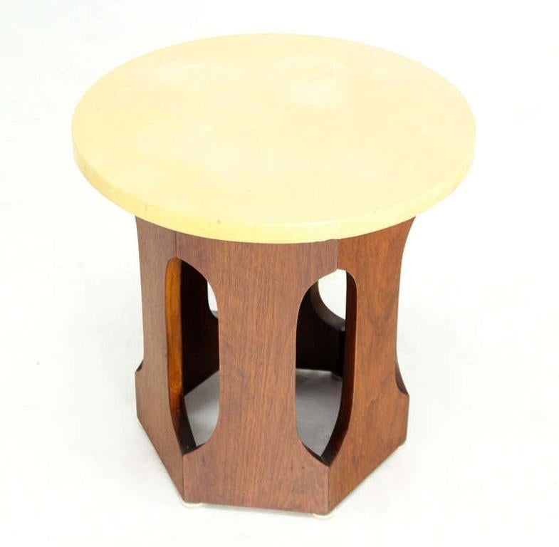 EstablishedLines Mid-Century Modern Hexagon Oiled Walnut Base Round Top Side End Table Stand