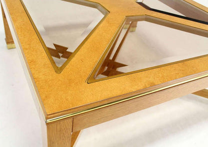 EstablishedLines Beveled Smoked Glass Bird's-Eye Maple Brass Square Legs Coffee Table MINT!