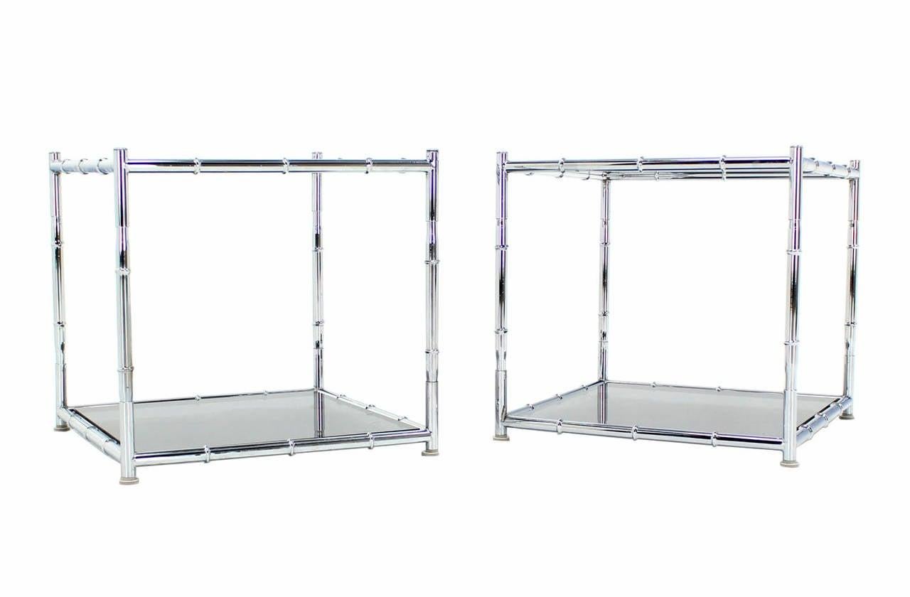 Pair of Cube Shape Chrome Faux Bamboo Frame End Tables Smoked Glass Top MINT!