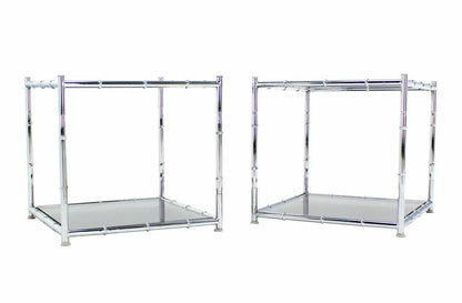 Pair of Cube Shape Chrome Faux Bamboo Frame End Tables Smoked Glass Top MINT!