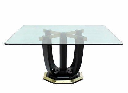 Large Square Glass Top Black Lacquer Brass Base Dining Conference Table MINT