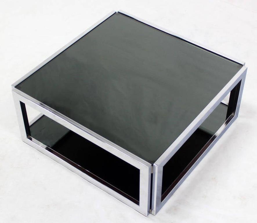 EstablishedLines Sharp Square 2 Tier Modern Chrome Base Smoked Glass Coffee Table w/ Shelf MINT