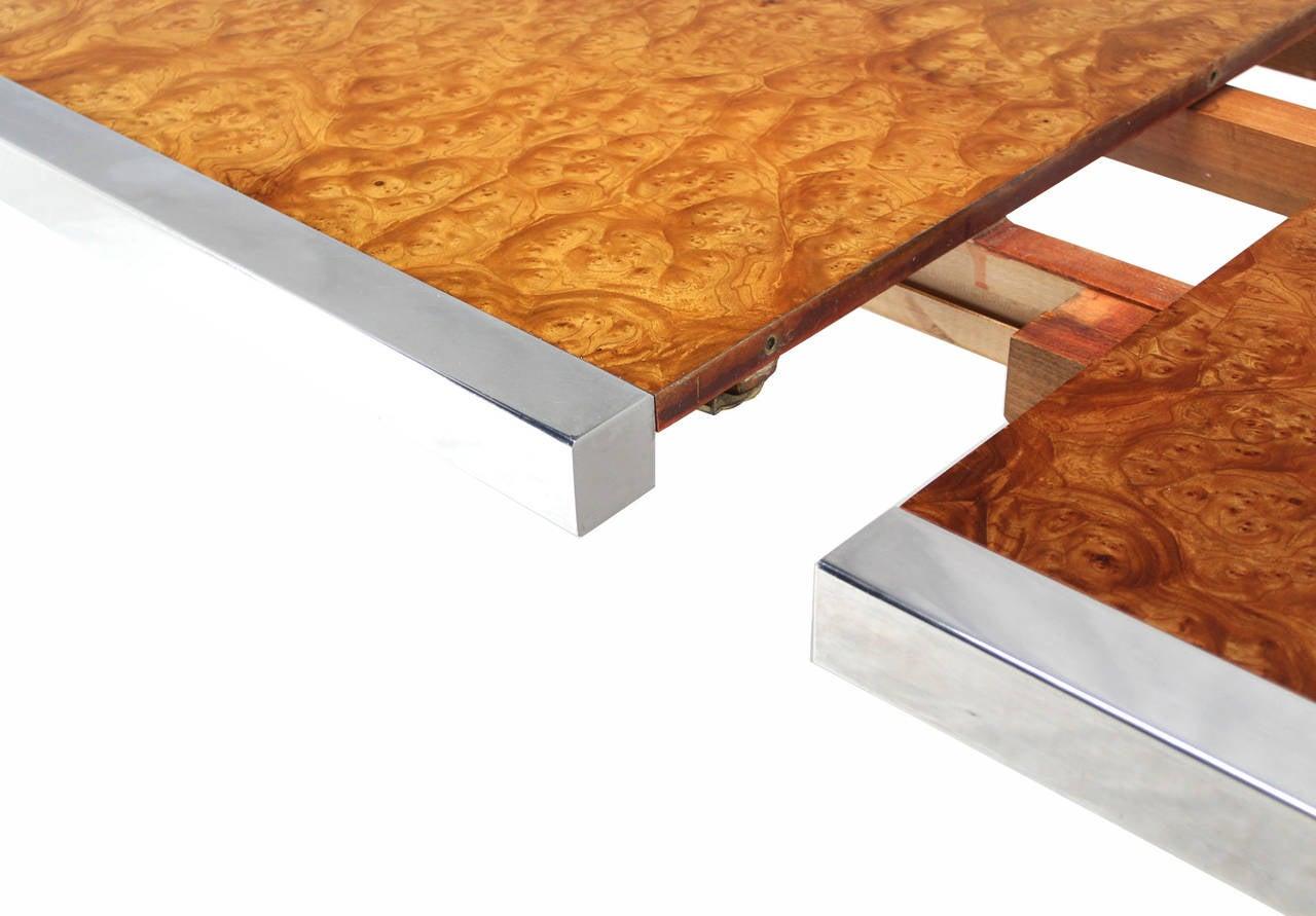 EstablishedLines Stainless Steel Chrome Base Amber Burl Wood Dining Conference Table Two Leaves
