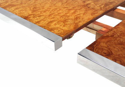 EstablishedLines Stainless Steel Chrome Base Amber Burl Wood Dining Conference Table Two Leaves