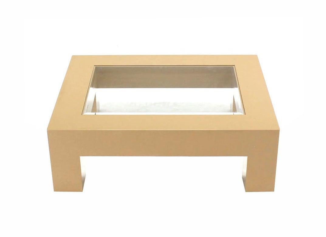 EstablishedLines Heavy Thick Square Legs  Beige Lacquer Base Glass Top Rectangle Coffee Table