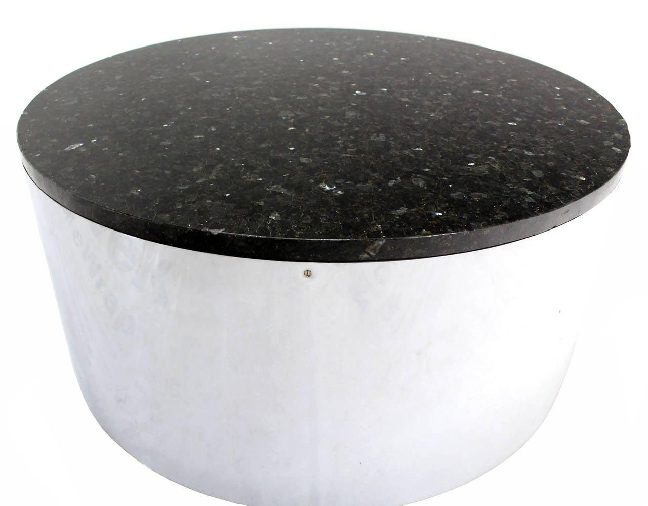 EstablishedLines Mid Century Modern Round Chrome 30" Cylinder Base Granite Top Coffee Table MINT