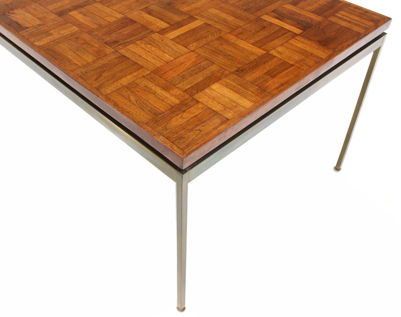 EstablishedLines Mid Century Modern Large Rectangle Brass Base Parquet Top Coffee Table MINT!