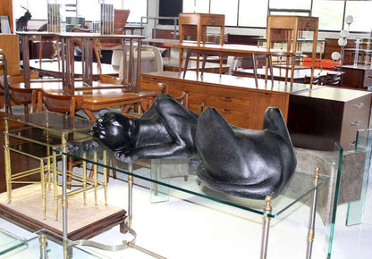 Large Coffee Table Sculptural Base of a Panther Large Black Cat Mid Century