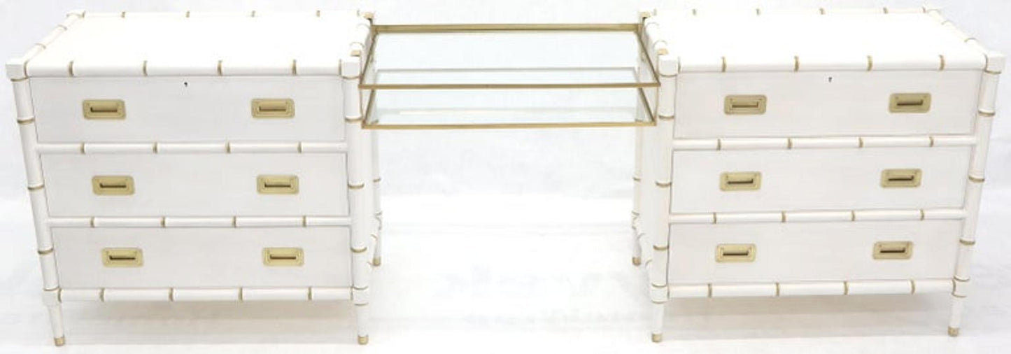 Pair of White Lacquer Brass Hardware Bachelor Chest with Suspended Brass Vanity