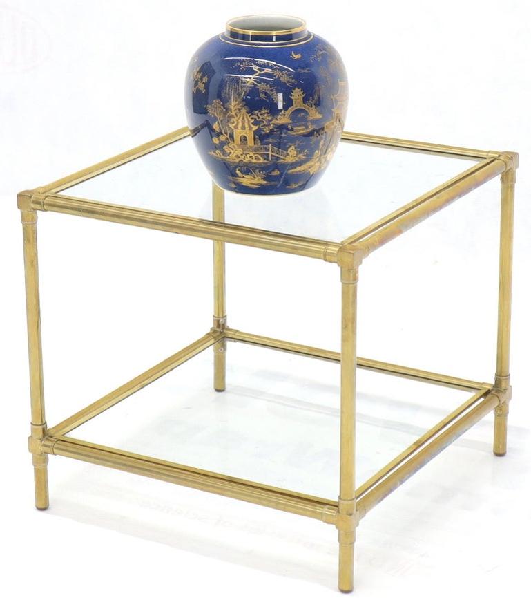 Heavy Machined Brass Glass Top Cube Shape Side Coffee Table