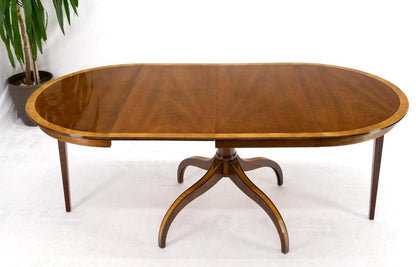 Charak Lacquered Mahogany Banded Round Dining Table w/ 2 Leaves Inlaid Legs Mint