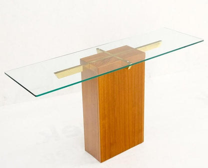 Danish Mid-Century Modern Teak Brass Glass Top Pedestal Base Console Sofa Table