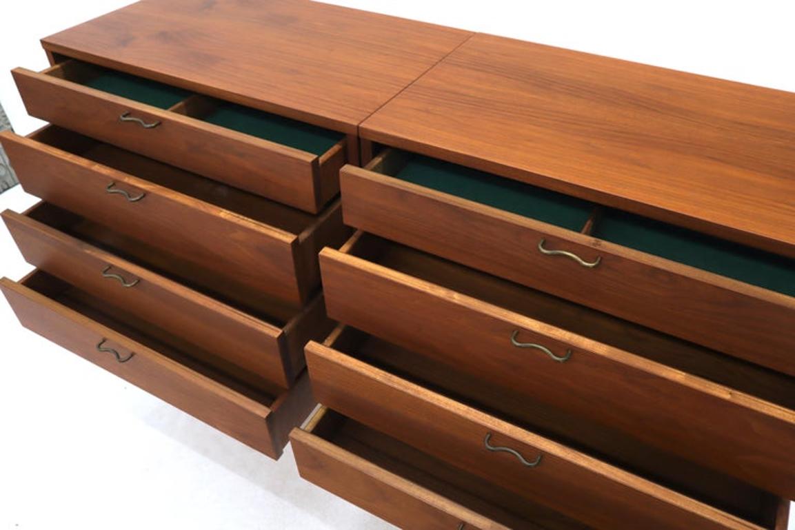 Three Pcs Mid-Century Modern Oiled Walnut Chest Dresser Credenza w/ Waive Pulls